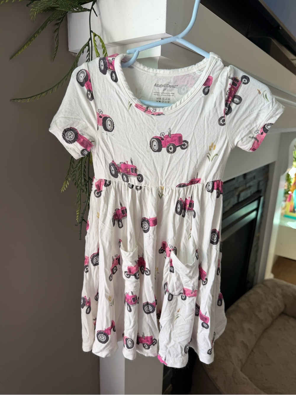 Angel Dear White Dress with Pink Tractor Pattern